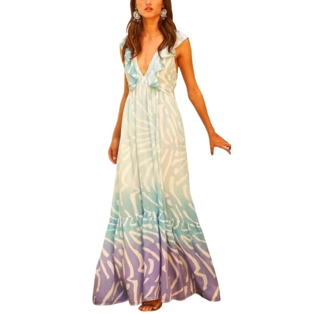 Oliphant Size Large Vacation Colorful Ombre Blue Silk Luxury Tropical Maxi Dress